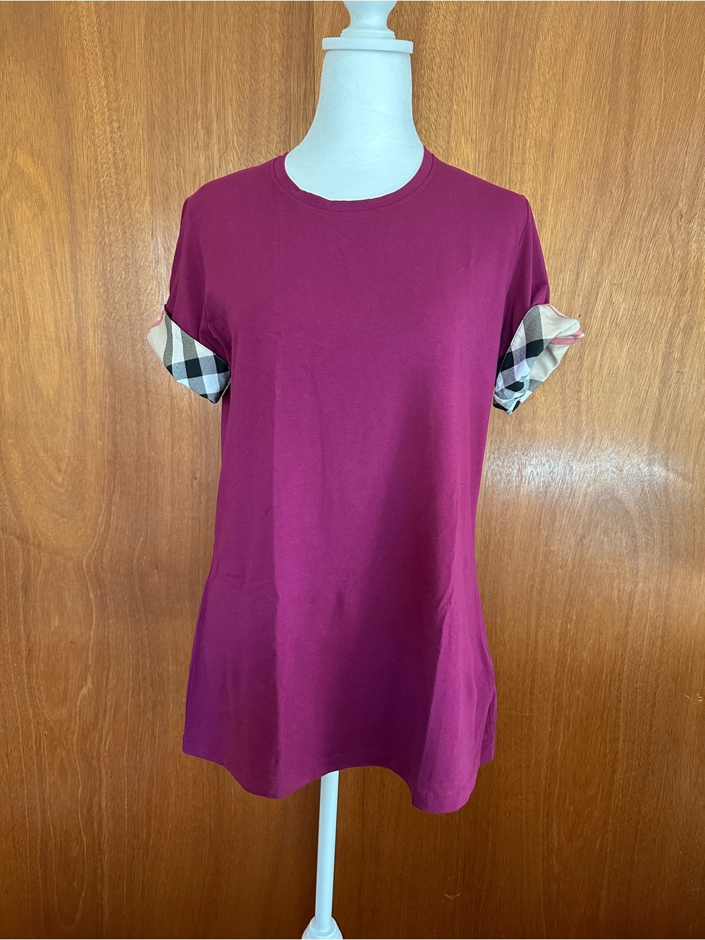 NWT! Burberry Woman's Cotton T-shirt Check Short Sleeve In Magenta Pink Size XL